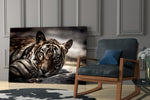 Resting Tiger artwork anchoring a wall with moody naturalist palette