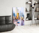 Harbor City glass print enhancing a foyer with cinematic drama