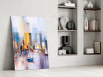 Harbor City artwork anchoring a wall with bold urbanist palette