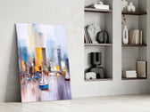Harbor City artwork anchoring a wall with bold urbanist palette