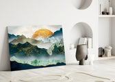Golden Mountains glass wall art styled above a sofa in a living room