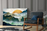 Golden Mountains artwork anchoring a wall with serene oriental palette