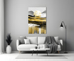 Gold Moon Deer glass wall art styled above a bed in a bedroom