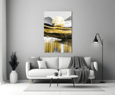 Gold Moon Deer glass wall art styled above a bed in a bedroom