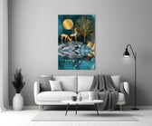 Twin Deer glass wall art styled above a sofa in a living room