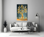 Floral Stag glass wall art styled above a console in a study