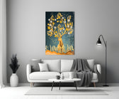 Floral Stag glass wall art styled above a console in a study