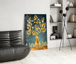 Floral Stag glass print enhancing a creative office with cinematic drama