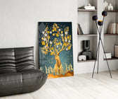 Floral Stag glass print enhancing a creative office with cinematic drama