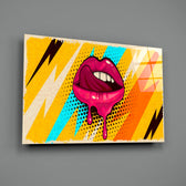 Close-up detail of crimson lips with paint-drip and lightning stripes