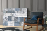 Soft Patchwork artwork anchoring a wall with soft serene palette