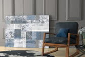 Soft Patchwork artwork anchoring a wall with soft serene palette