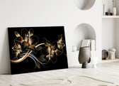Bronze Lilies glass wall art styled above a bed in a master bedroom