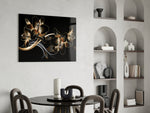 Bronze Lilies glass print enhancing a powder room with editorial drama