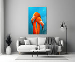 Twin Flamingos glass wall art styled above a sideboard in a sunroom