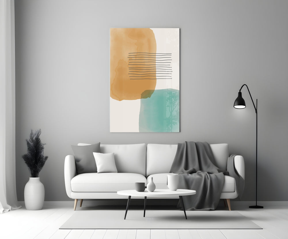 Striped Blocks glass wall art styled above a sofa in a living room