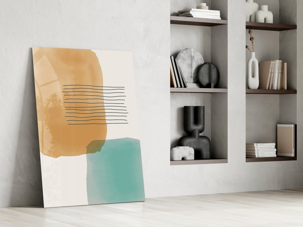 Striped Blocks artwork anchoring a wall with soft modern palette