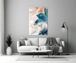 Coral Bloom glass wall art styled above a vanity in a powder room
