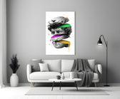David Slices glass wall art styled above a desk in a creative office