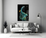 Betta Fish glass wall art styled above a sideboard in a man's office
