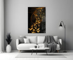Gold Flight glass wall art styled above a console in a foyer