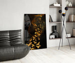 Gold Flight glass print enhancing a master bedroom with editorial drama