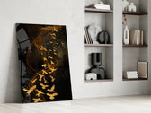 Gold Flight artwork anchoring a wall with moody luxe palette