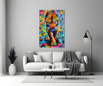Graffiti Tiger glass wall art styled above a desk in a creative office
