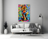 Graffiti Tiger glass wall art styled above a desk in a creative office