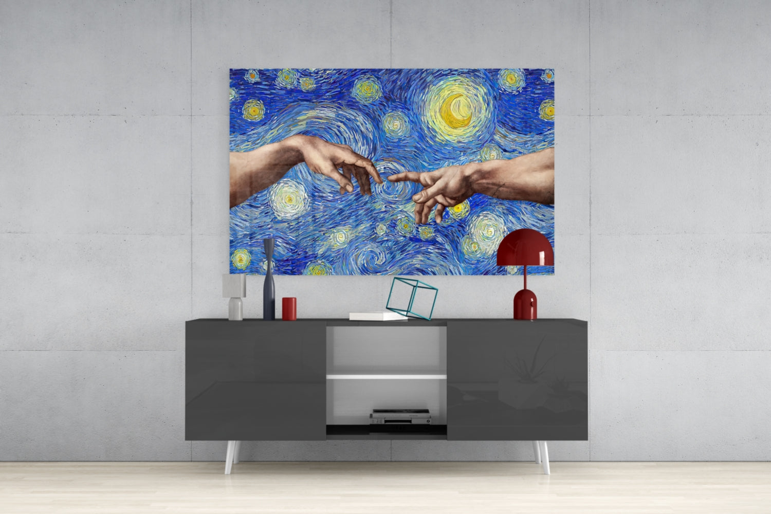 Hands of God and Adam in Van Gogh Style Glass Wall Art.