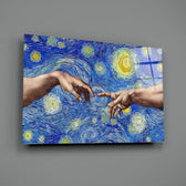 Close-up detail of outstretched hands amid Starry Night swirls
