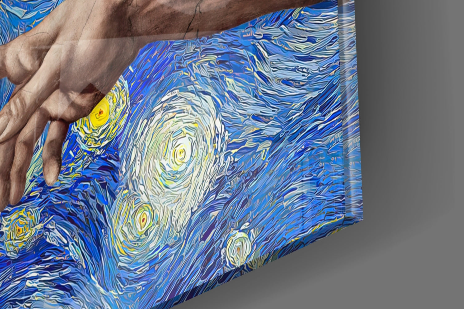 Hands of God and Adam in Van Gogh Style Glass Wall Art.
