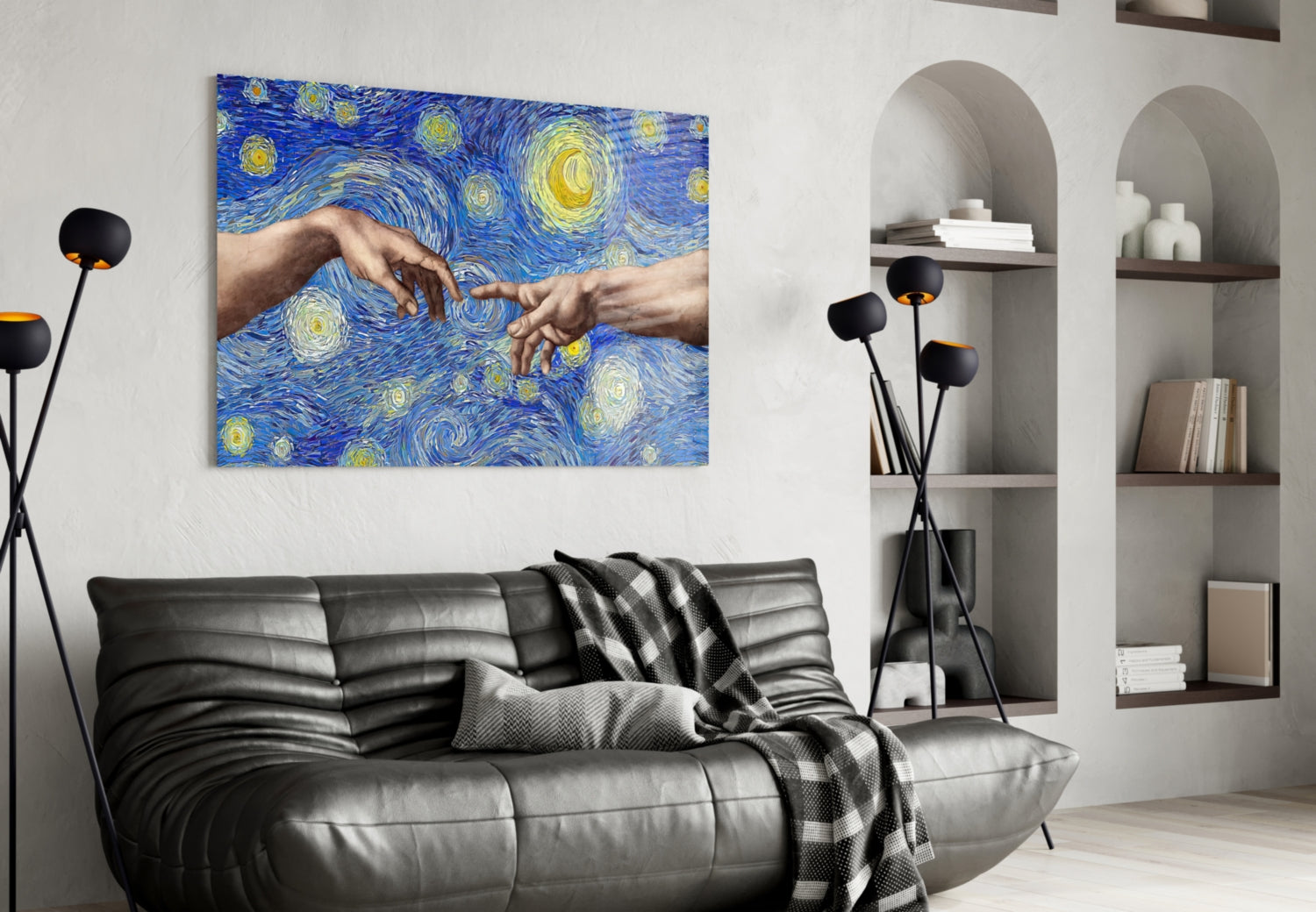 Hands of God and Adam in Van Gogh Style Glass Wall Art.