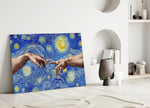 Creation Stars glass wall art styled above a desk in a study