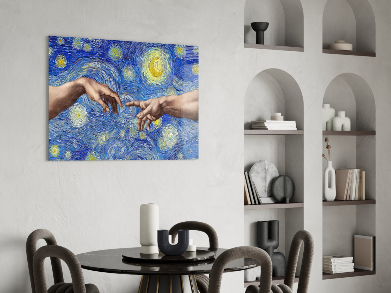 Hands of God and Adam in Van Gogh Style Glass Wall Art.