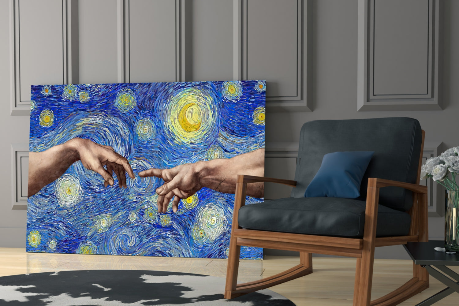 Hands of God and Adam in Van Gogh Style Glass Wall Art.