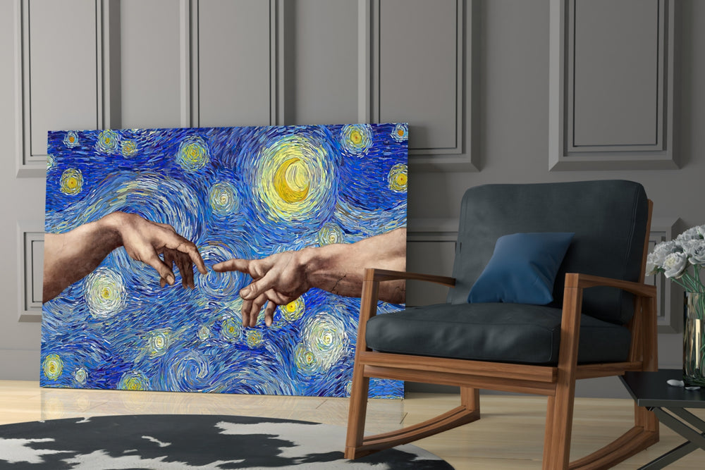 Creation Stars artwork anchoring a wall with moody classical palette