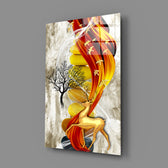 Close-up detail of golden deer leaping through crimson ribbon