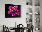 Magenta Bloom glass print enhancing a foyer with cinematic drama
