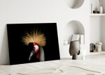 Crowned Crane glass wall art styled above a desk in a study