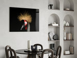 Crowned Crane glass print enhancing a man's office with editorial drama