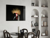 Crowned Crane glass print enhancing a man's office with editorial drama