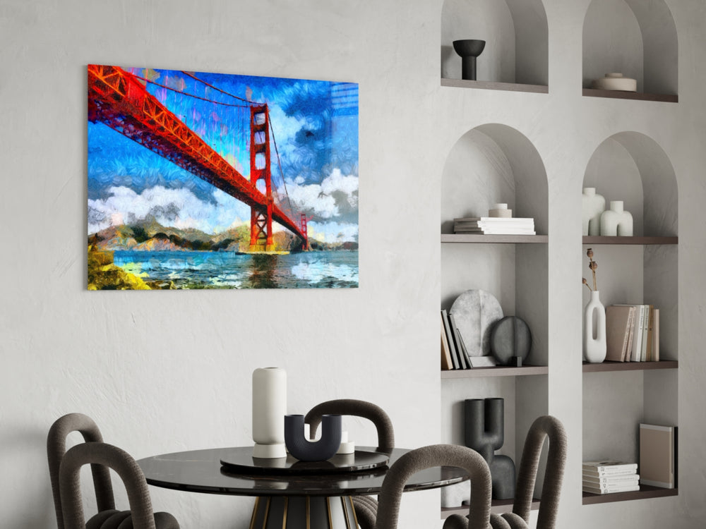 Golden Gate glass print enhancing a foyer with editorial drama