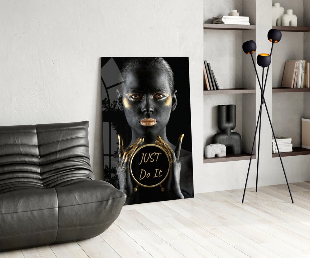 Just Do It glass print enhancing a gym with cinematic drama