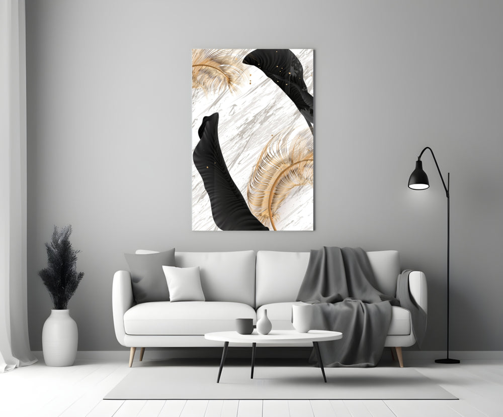 Black Gold Feathers glass wall art styled above a console in a foyer