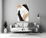 Black Gold Feathers glass wall art styled above a console in a foyer