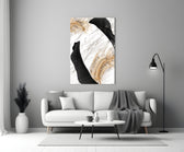 Black Gold Feathers glass wall art styled above a console in a foyer