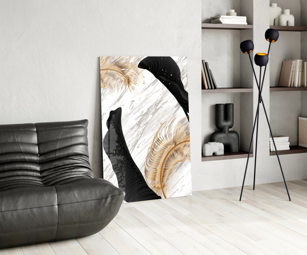 Black Gold Feathers glass print enhancing a dressing area with editorial drama