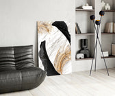 Black Gold Feathers glass print enhancing a dressing area with editorial drama