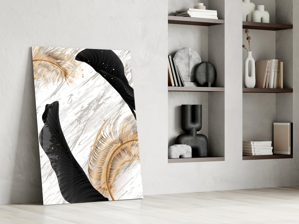 Black Gold Feathers artwork anchoring a wall with moody luxe palette